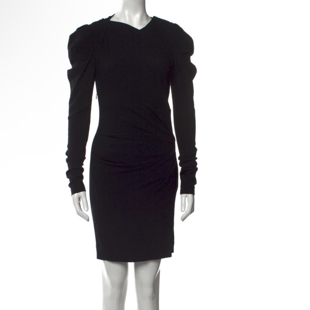 Isabel Marant  Black Wool Knit Puff Sleeve Ruffle Neck Mini Dress Sz 36